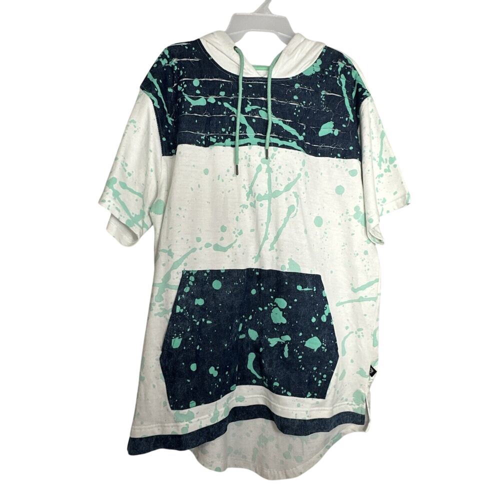 Encrypted Hooded Denim Blue White Shirt 90s Style Paint Splatter Design XL